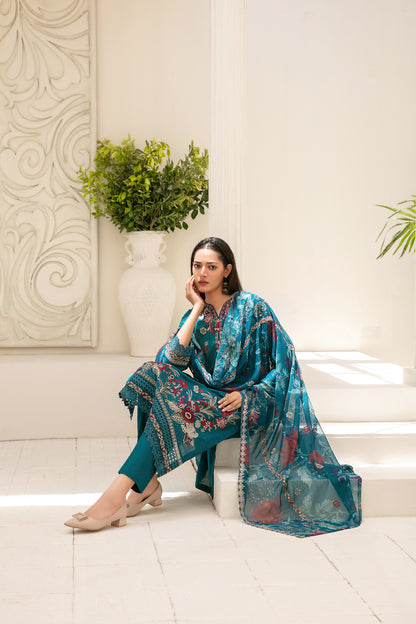 Araqa 3pcs Semi-Stitched Fancy Emb Slub Lawn [D-4218]