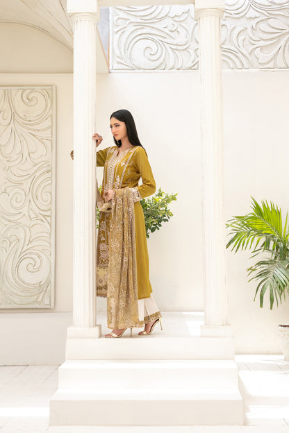Araqa 3pcs Semi-Stitched Fancy Emb Slub Lawn [D-4217]