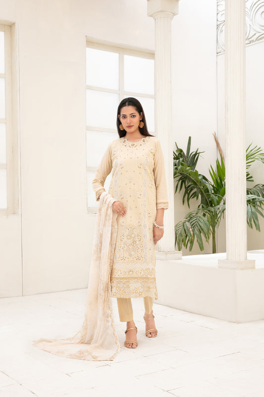 Araqa 3pcs Semi-Stitched Embroidered Slub Lawn [D-4220]