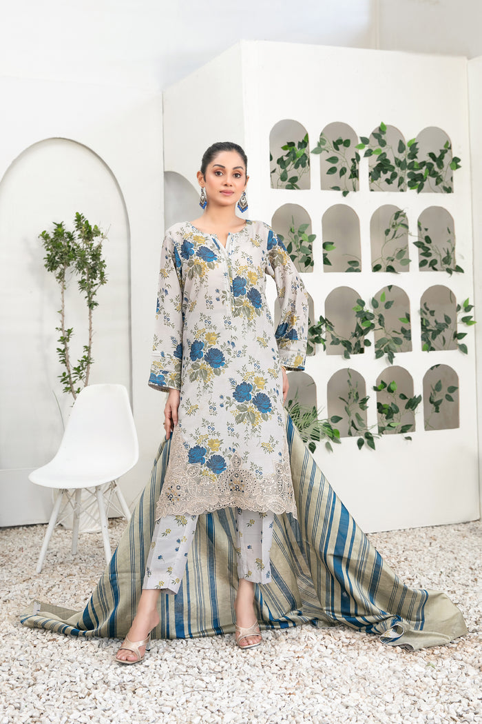 Analina 3pcs Stitched Emb Printed Lawn [D-3843]