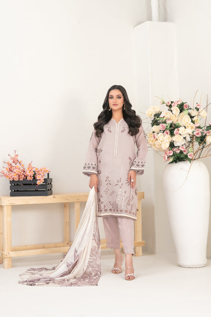 Salwa 3pcs Stitched Emb Cotton Khaddi [D-2064]