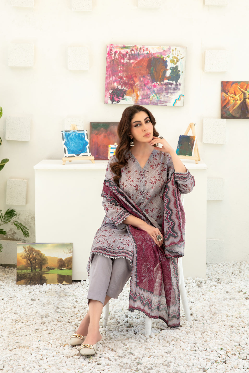 Qalaa 3pcs Stitched Printed Chamki Lawn [D-3627]