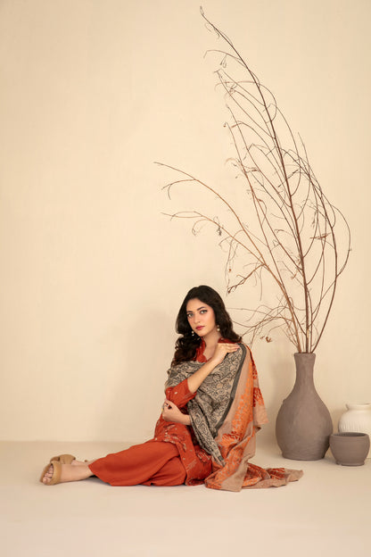MULAQAAT 3pcs Un-Stitched Emb Leather Peach [D-5334]