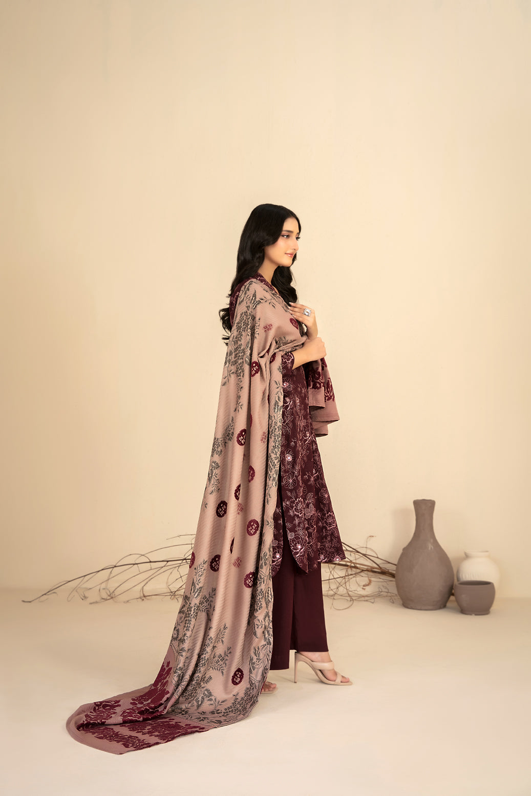 MULAQAAT 3pcs Un-Stitched Emb Leather Peach [D-5335]