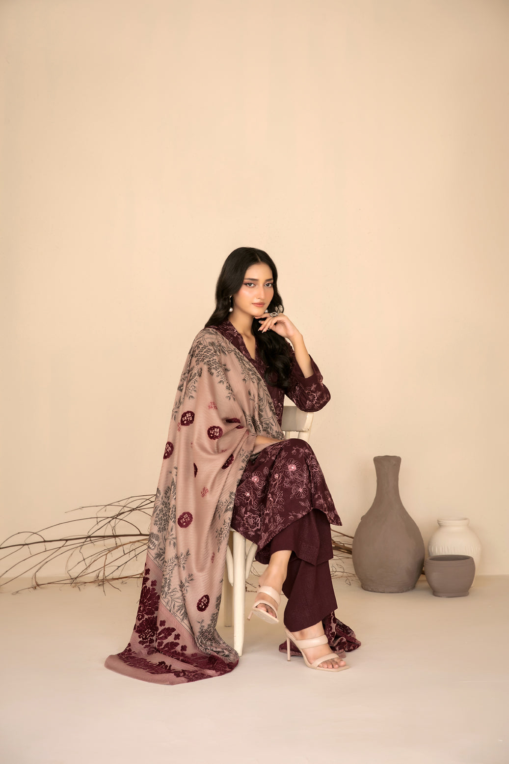 MULAQAAT 3pcs Un-Stitched Emb Leather Peach [D-5335]