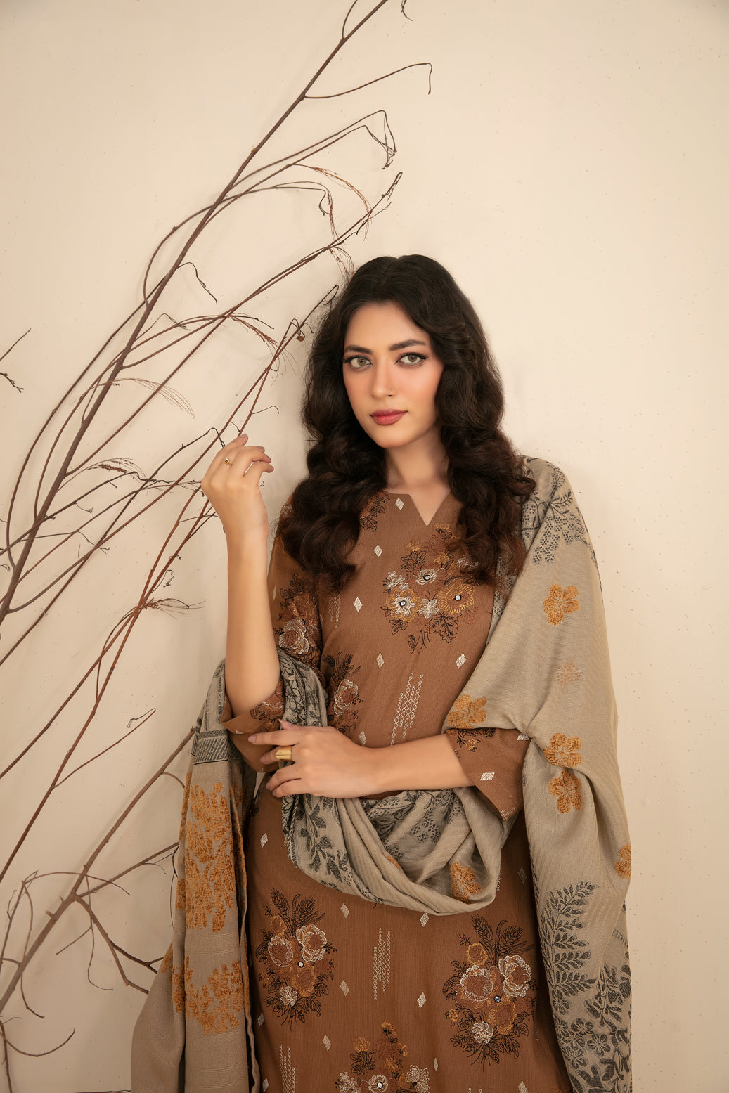 MULAQAAT 3pcs Un-Stitched Emb Leather Peach [D-5332]