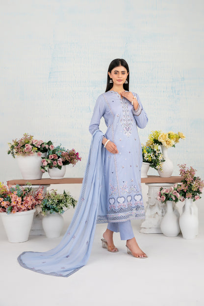 Ice blue embroidered lawn shirt and chiffon dupatta by Tawakkal Fabrics D-4116 with white flower pots in background