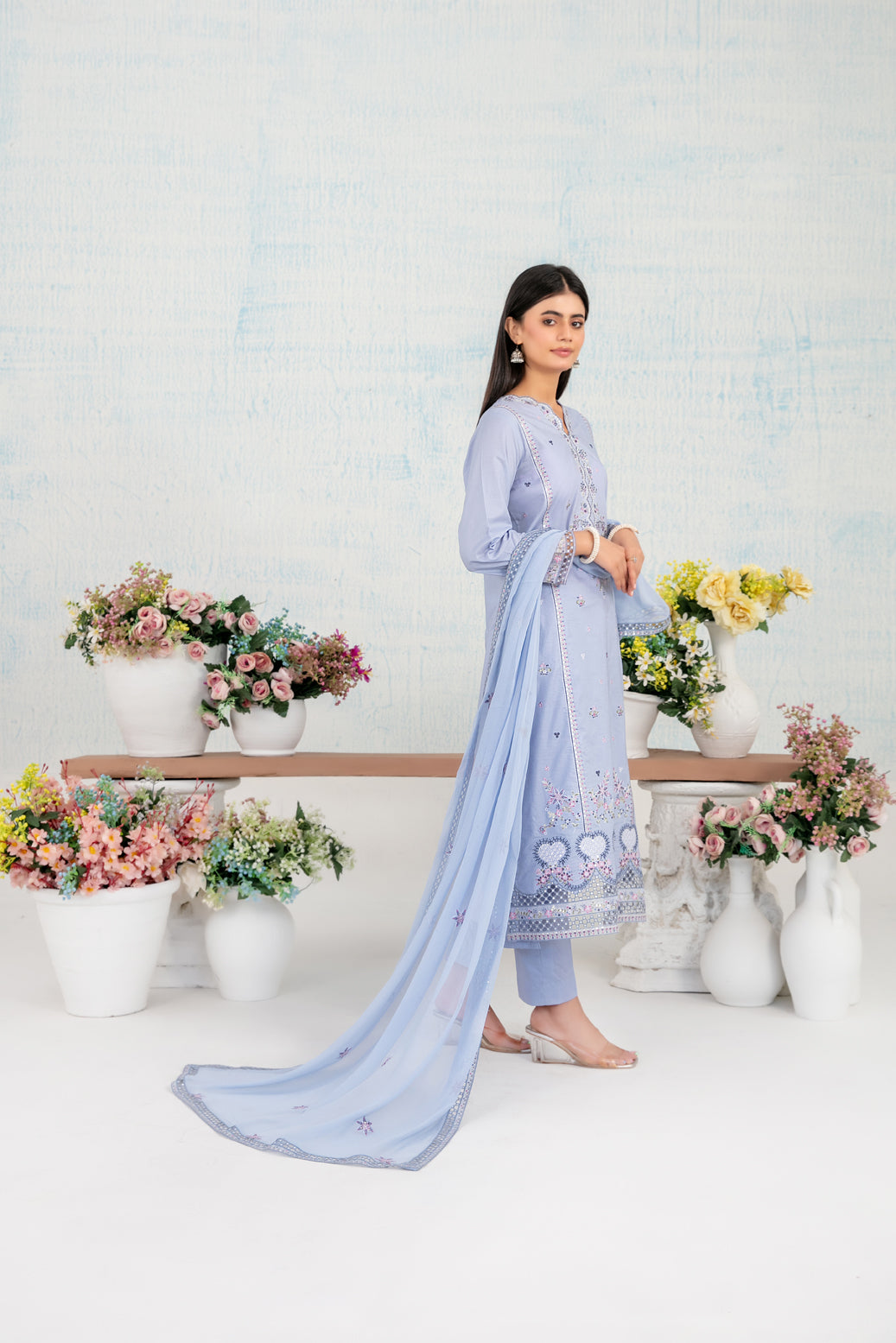 Close up view of Tawakkal Fabrics D-4116 In Florals unstitched three piece embroidered suit