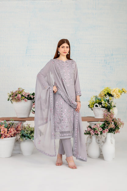 awakkal Fabrics D-4117 In Florals 3 piece lavender grey embroidered lawn suit with chiffon dupatta with white flower pots in background