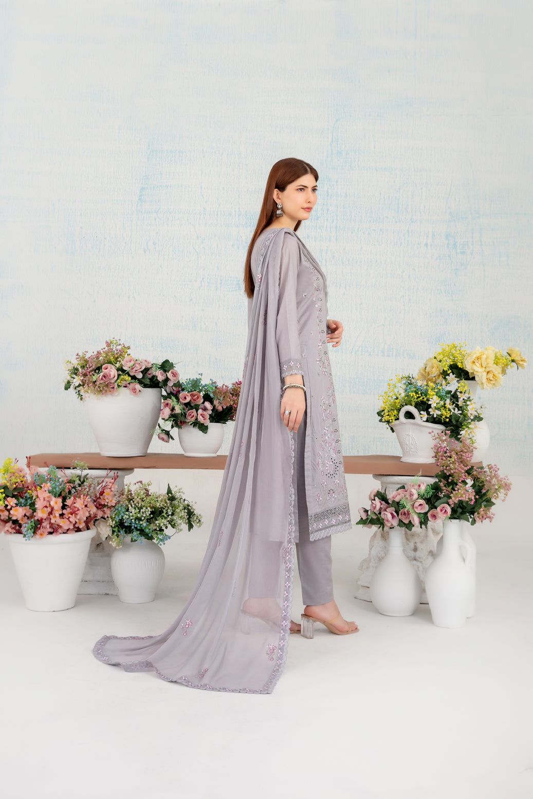 Unstitched three piece embroidered suit by Tawakkal Fabrics from the In Florals collection