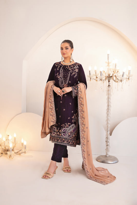 SHAHKAAR 3pcs Un-Stitched Fancy Heavy Emb Velvet [D-3945]