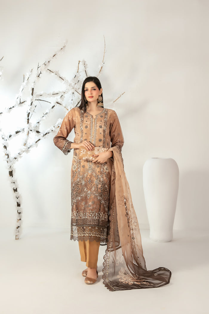 Ishq With Clutch & Khussa 3pcs Semi-Stitched Fancy Emb Organza [D-5133]
