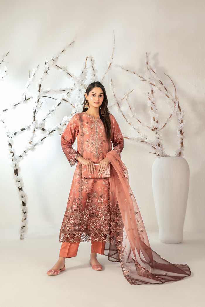 Ishq With Clutch & Khussa 3pcs Semi-Stitched Fancy Emb Organza [D-5135]