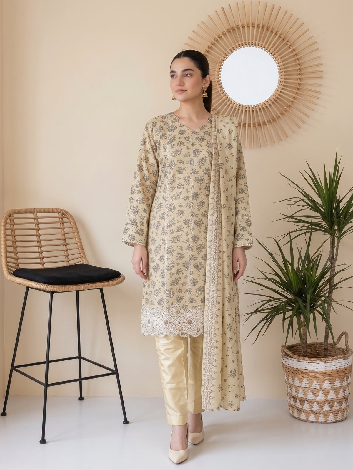 QAINAAT V2 3pcs Un-Stitched Emb Dhanak [D-6553]