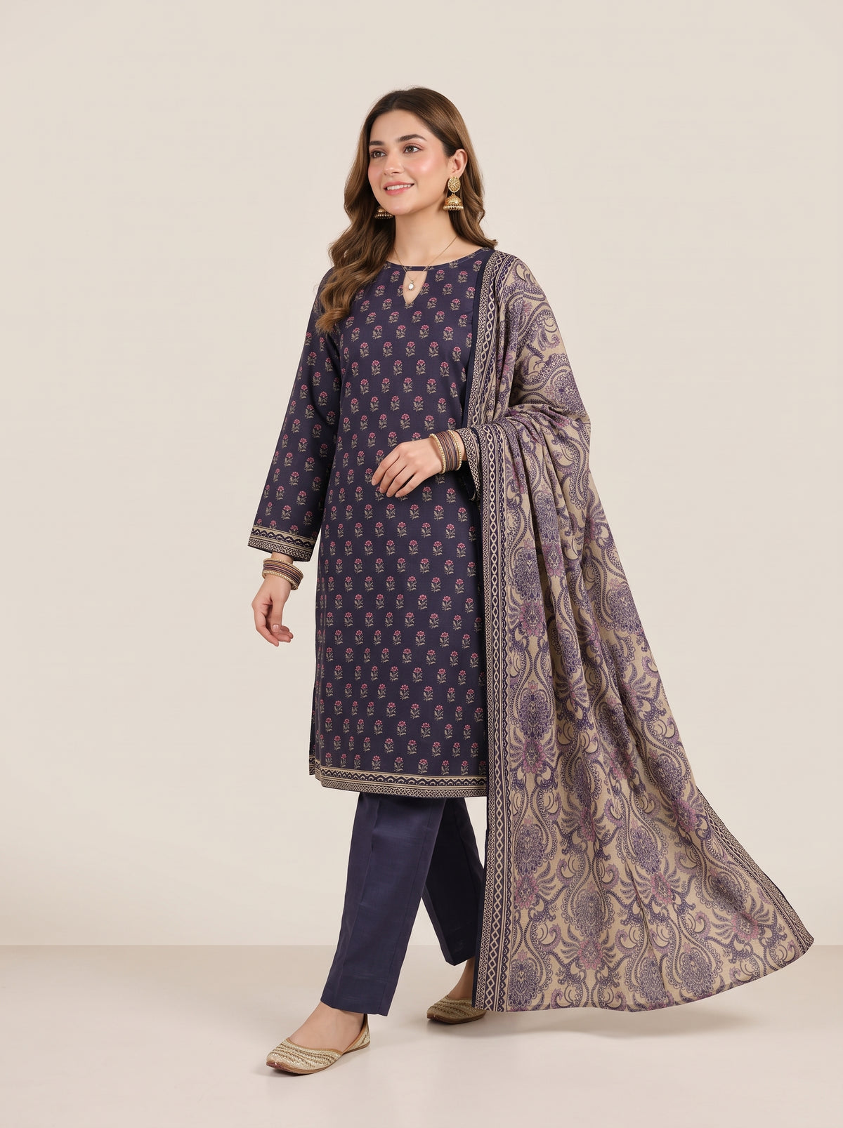 JHOOM 3pcs Stitched Printed Khaddar [D-6144]