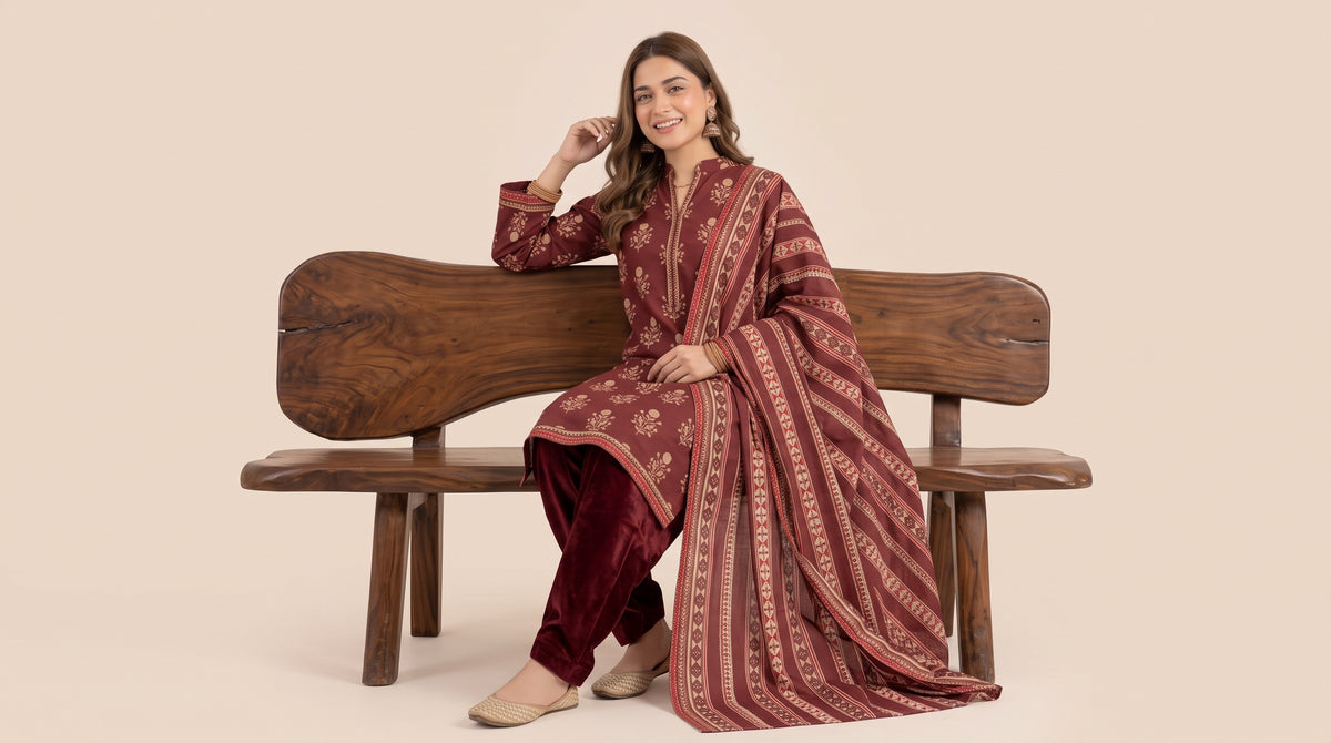 JHOOM 3pcs Stitched Printed Khaddar [D-6273]
