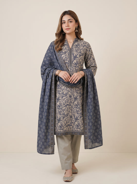 JHOOM 3pcs Stitched Printed Khaddar [D-6285]