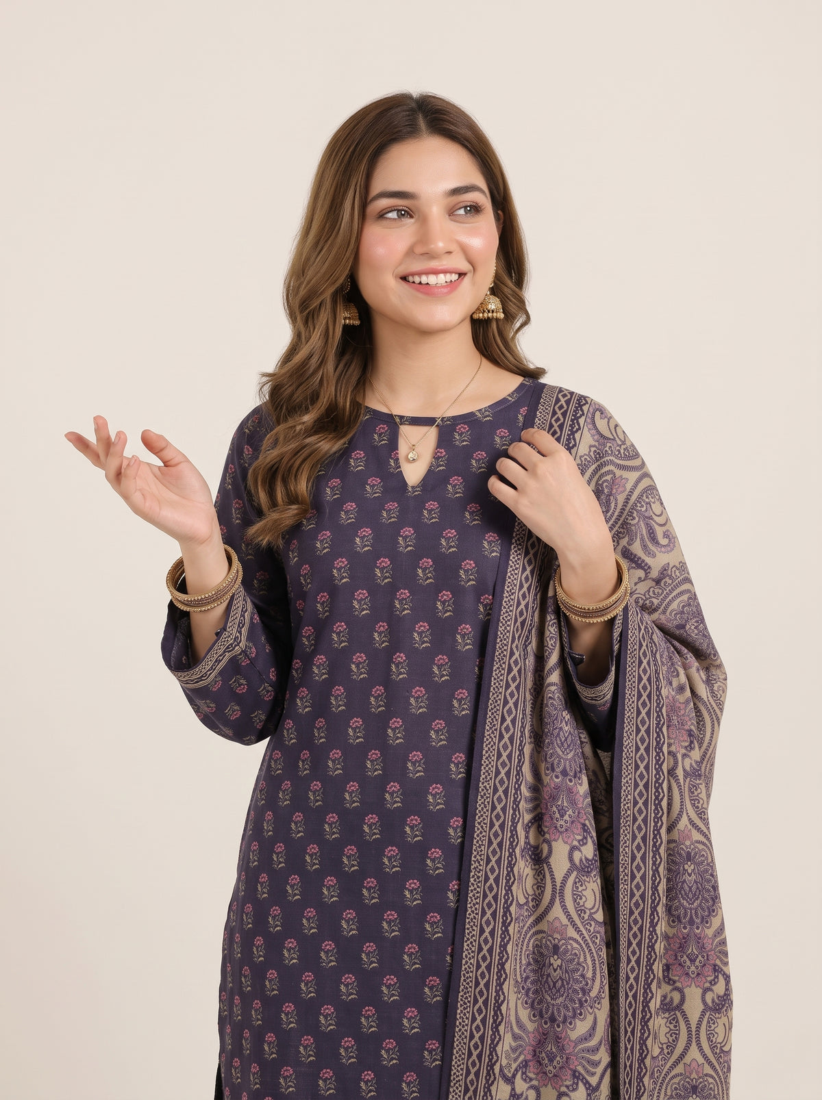 JHOOM 3pcs Stitched Printed Khaddar [D-6144]