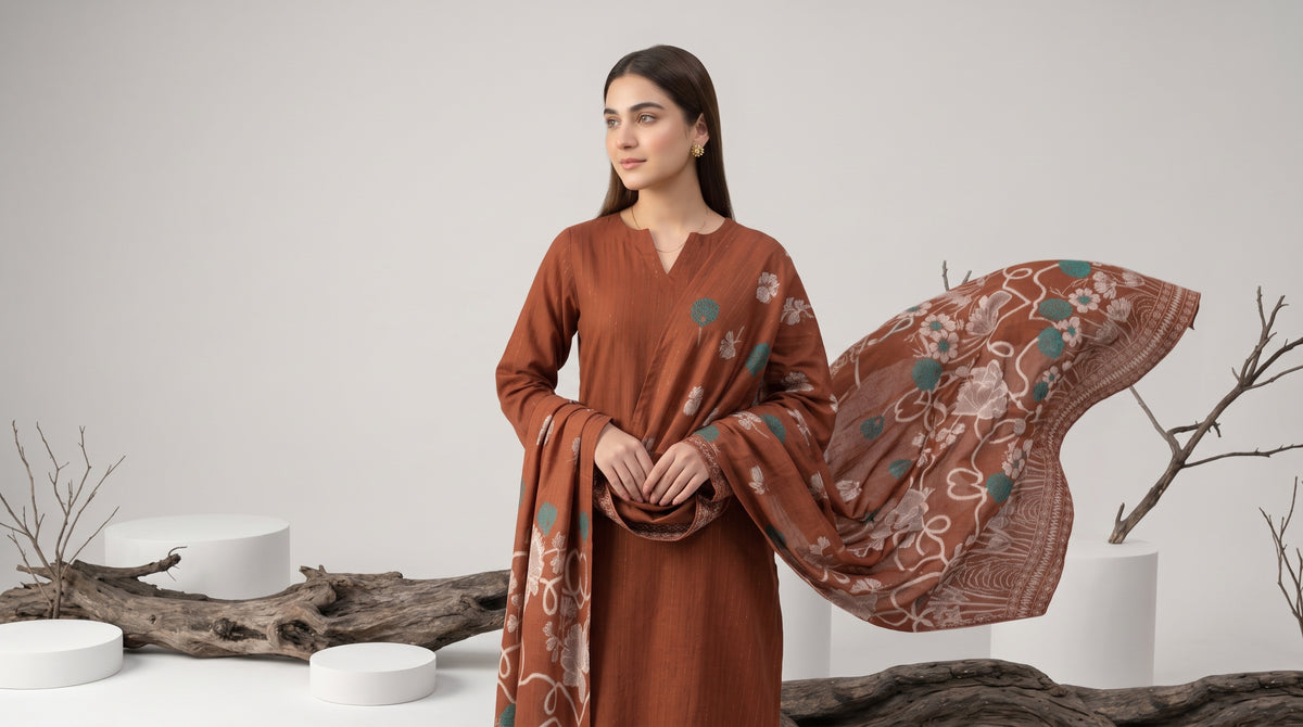 KHUWAISH 3pcs Un-Stitched Fancy Leather Peach [D-6265]