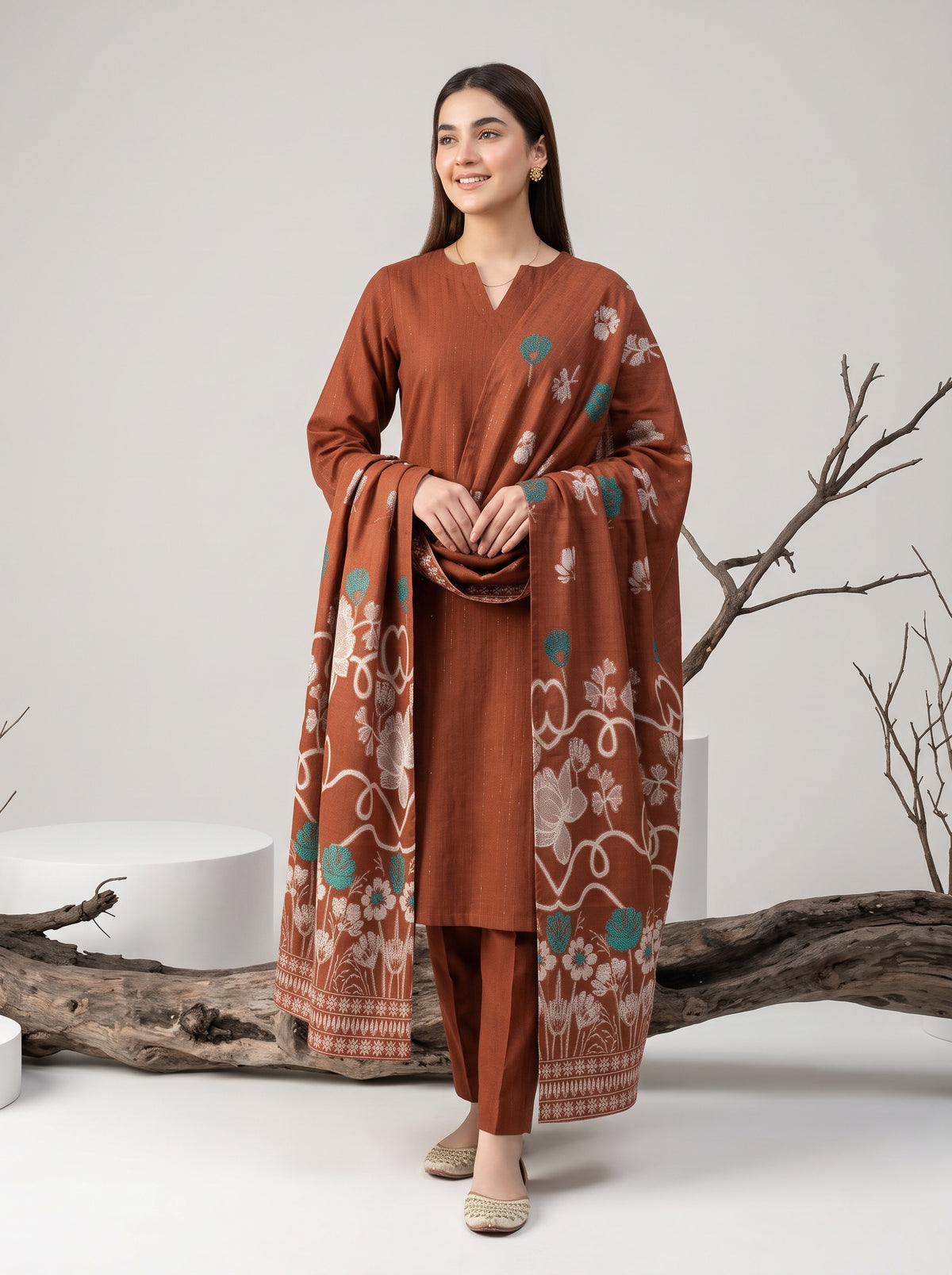 KHUWAISH 3pcs Un-Stitched Fancy Leather Peach [D-6265]