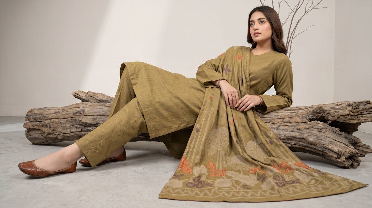 KHUWAISH 3pcs Un-Stitched Fancy Leather Peach [D-6264]