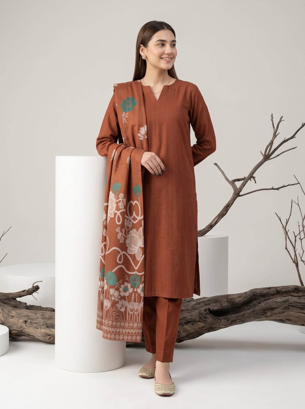 KHUWAISH 3pcs Un-Stitched Fancy Leather Peach [D-6265]