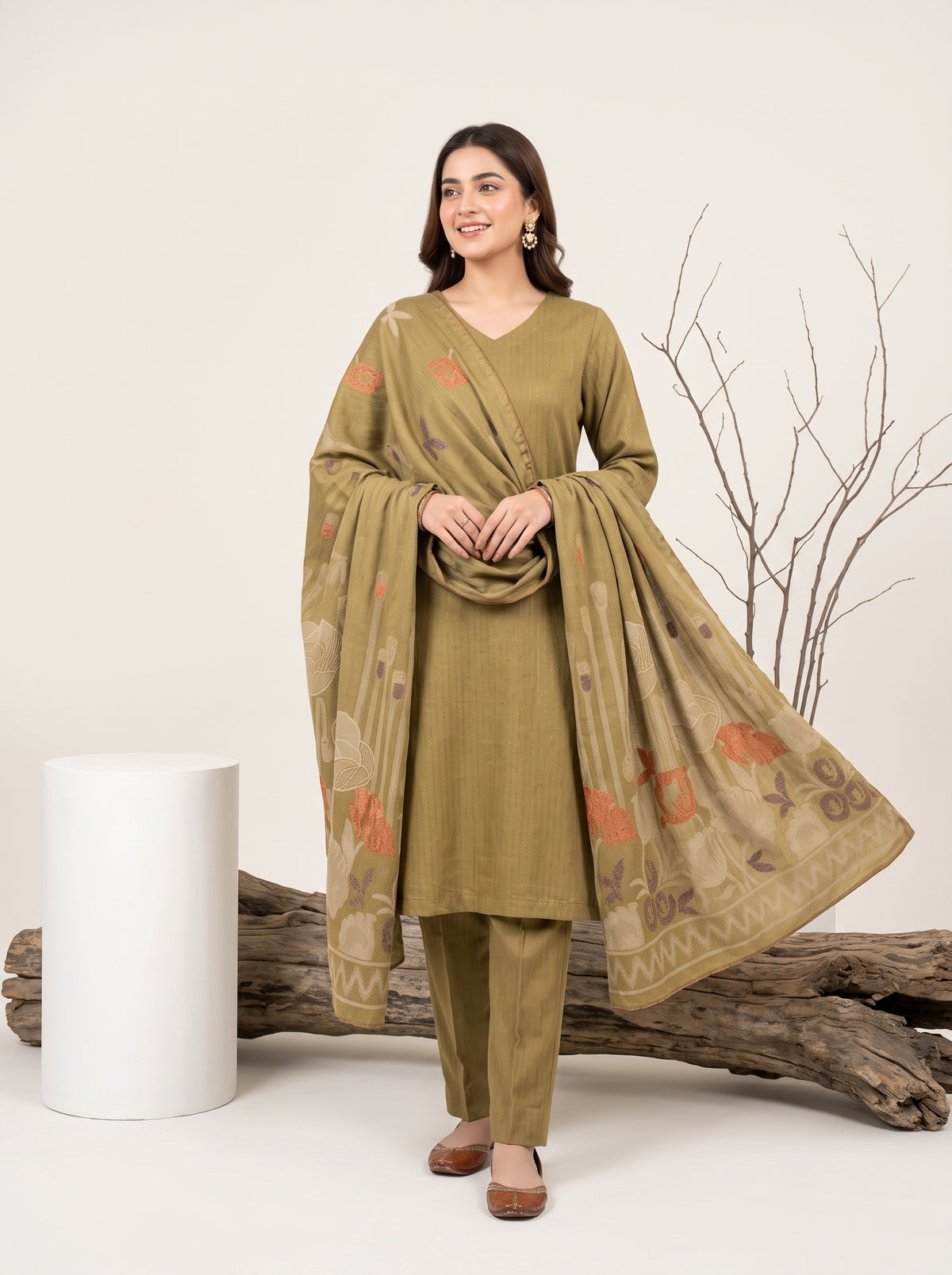 KHUWAISH 3pcs Un-Stitched Fancy Leather Peach [D-6264]