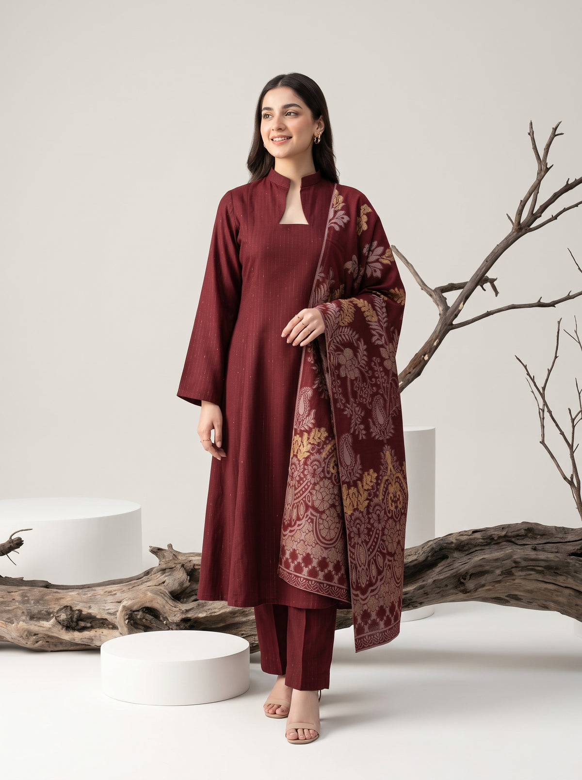 KHUWAISH 3pcs Un-Stitched Fancy Leather Peach [D-6261]