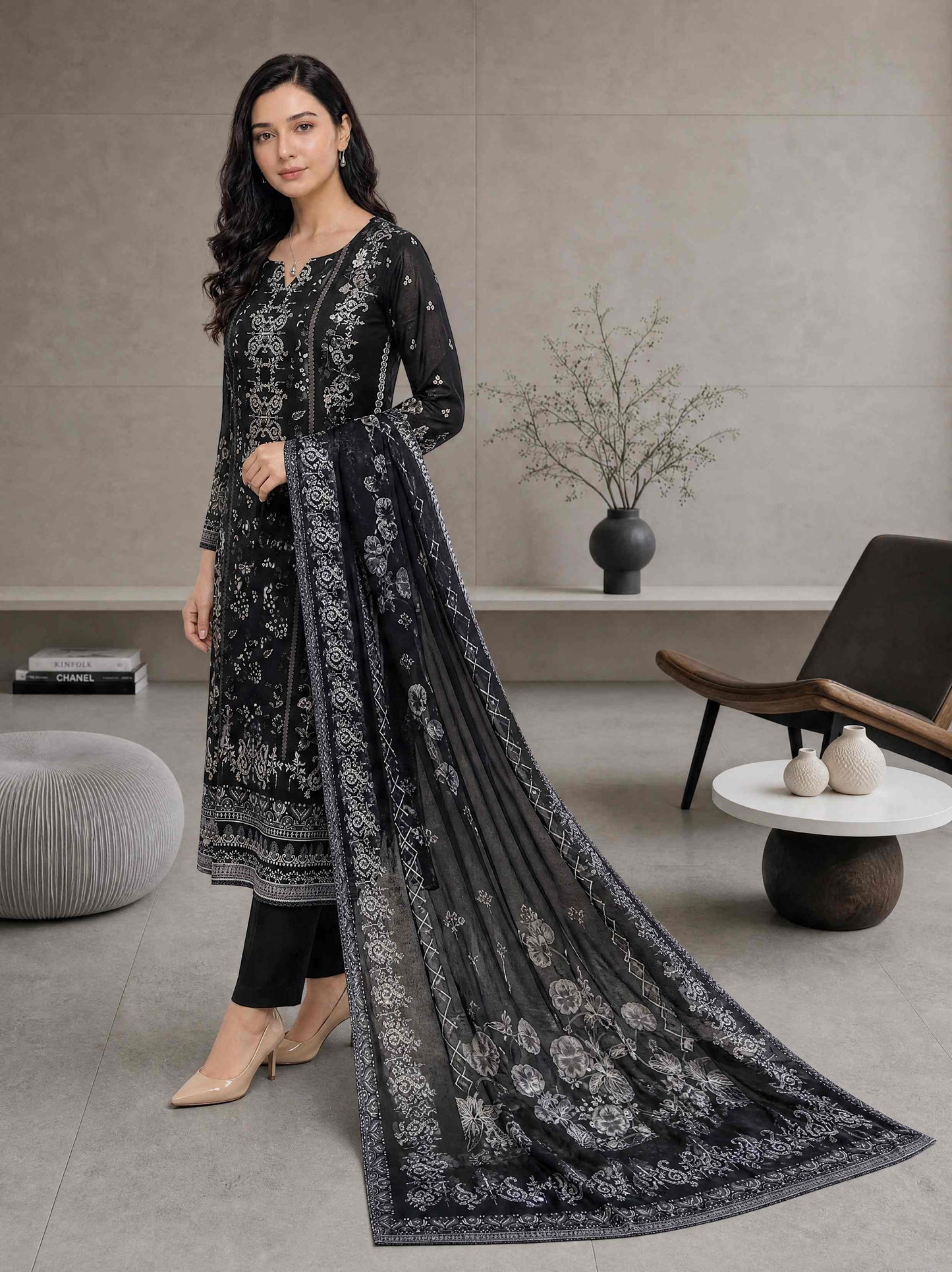 Mahanij by Tawakkal Black & White Printed 3-Piece Unstitched Lawn Suit. .