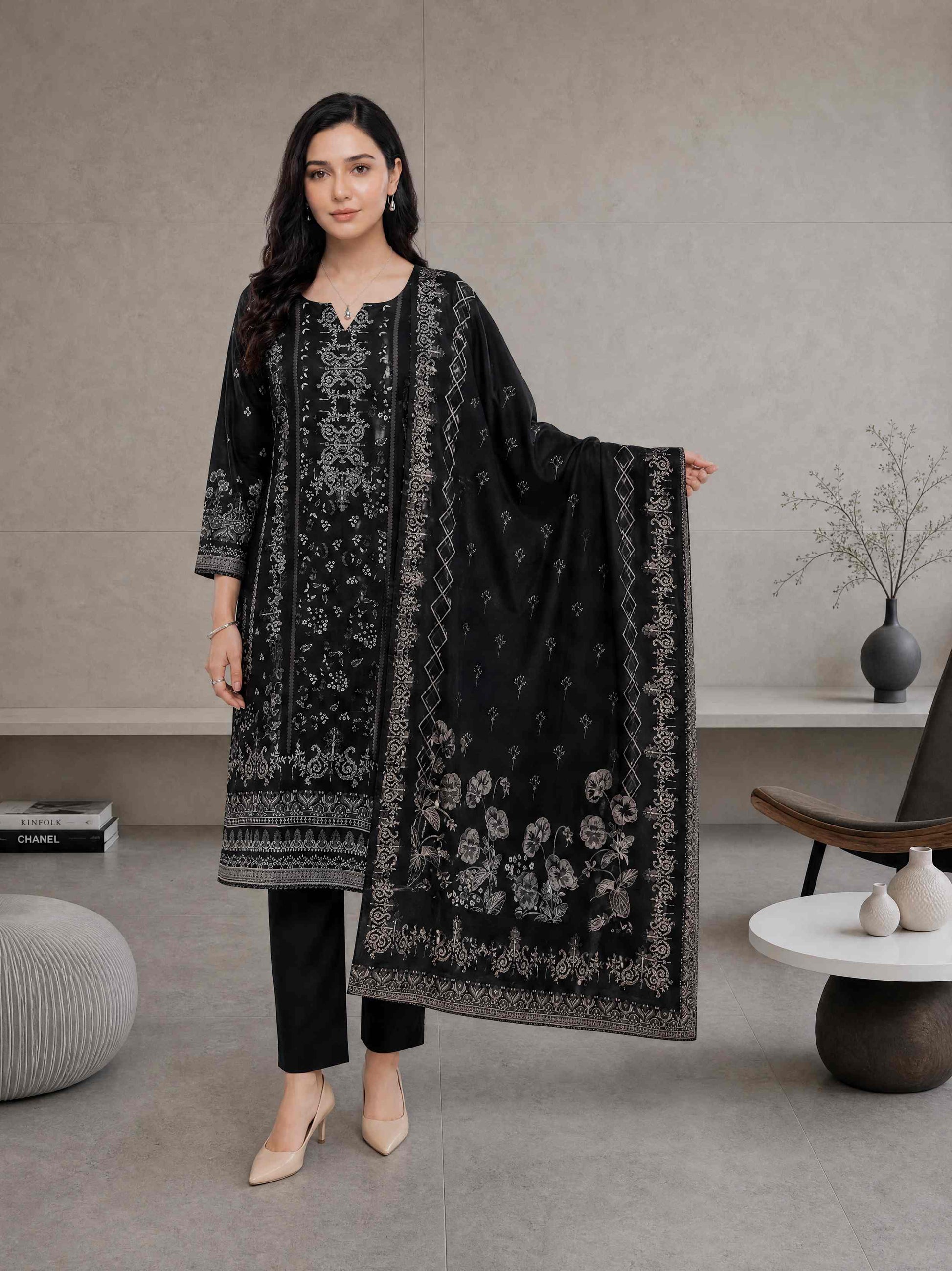 Mahanij by Tawakkal Black & White Printed 3-Piece Unstitched Lawn Suit