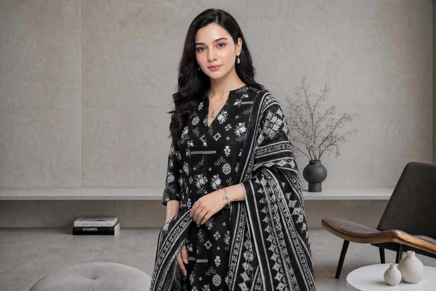 Mahanij by Tawakkal Black & White Printed 3-Piece Unstitched Lawn Suit