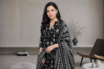 Mahanij by Tawakkal Black & White Printed 3-Piece Unstitched Lawn Suit