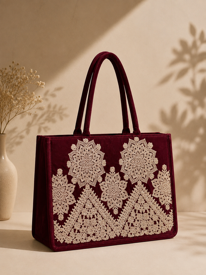 Mehroon Velvet Embroidered Bag |TB-002
