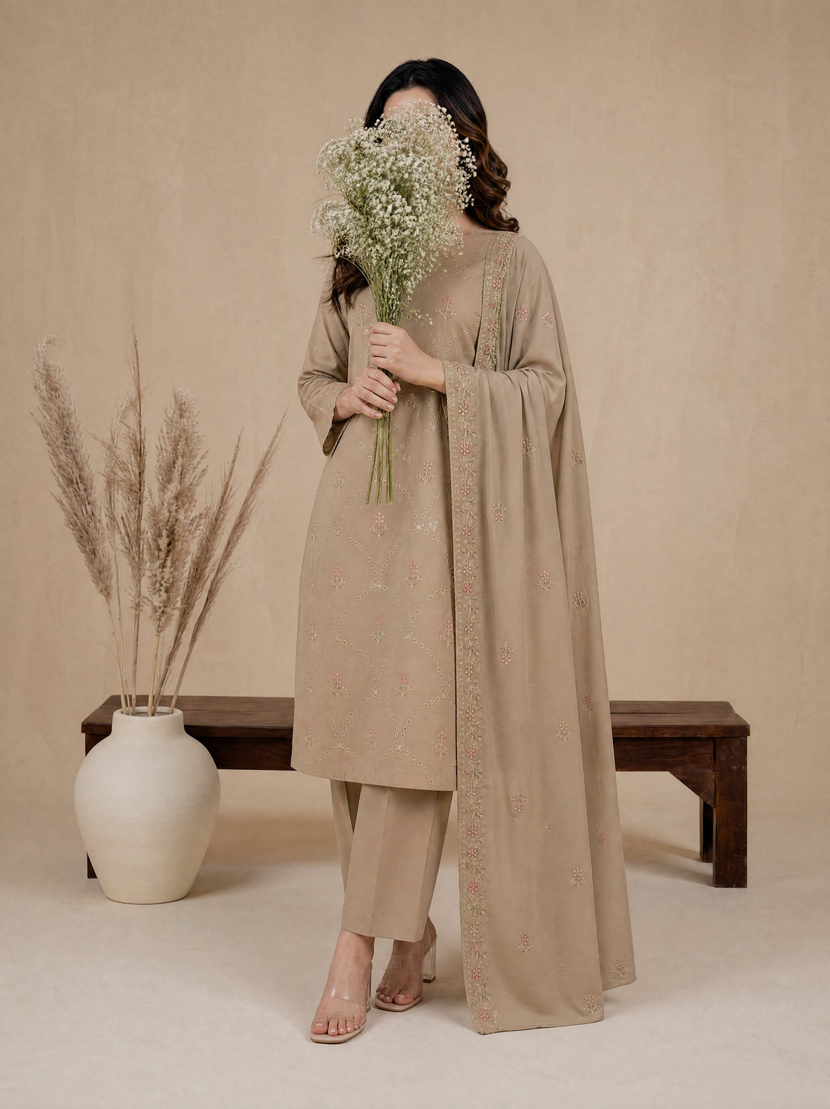 RUHANI 3pcs Un-Stitched Exclusive Emb Cambric