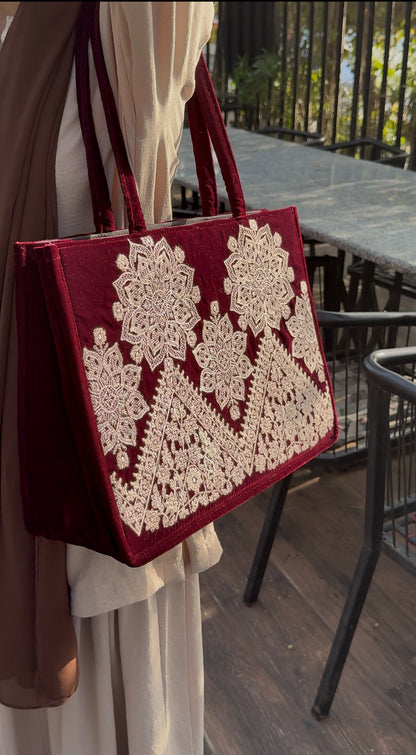 Mehroon Velvet Embroidered Bag |TB-002